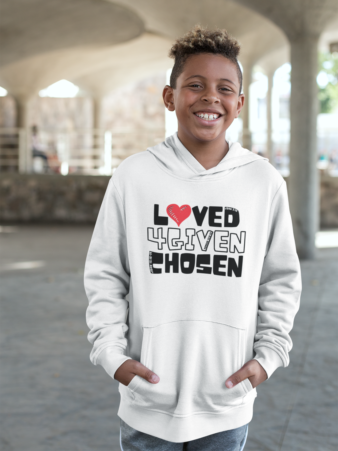 Loved Forgiven Chosen - KIDS Hoodie (Colored Letters)